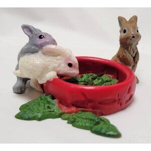 Schleich 2012 Miniature Rabbit Figurine Trio With Red Bowl & Green Vegetables